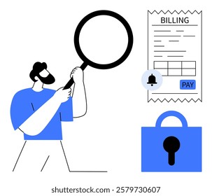 Man holds magnifying glass, examining a billing statement. Lock and payment icons are also present. Ideal for financial reviews, personal finance, online security, billing transparency, payment