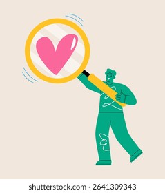 Man holds a magnifying glass with a heart inside. Colorful vector illustration
