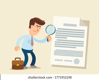 A man holds a magnifying glass in his hand and carefully reads a document. Lawyer or inspector, concept. Businessman reads a contract, report. Vector illustration, flat cartoon, isolated.