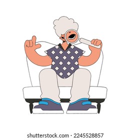 A man holds a magnifying glass in his hands. Search for the necessary information on the Internet. Linear retro style character.