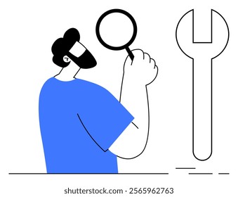A man holds a magnifying glass observing a large wrench, suggesting analysis and problem-solving in technical contexts. Ideal for themes including technical support, engineering, troubleshooting