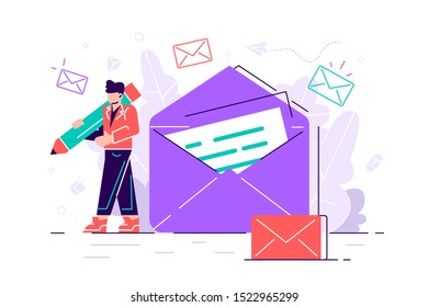 Man holds mail. Chatting. Businessman vector illustration. Working process. New email message, mail notification. Social network, chat. Boy reading or write letter. New incoming message. Sms, spam.