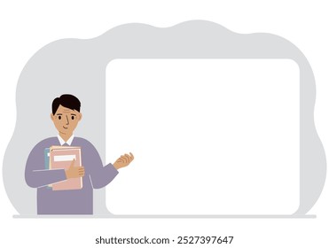 The man holds many books. Nearby is a large white poster for your text. Vector flat illustration.