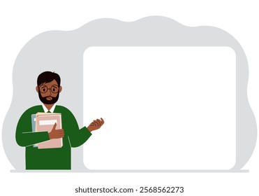 The man holds many books. Nearby is a large white poster for your text. Vector flat illustration.