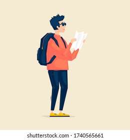Man holds a map, travel. Flat illustration in cartoon style. Vector.