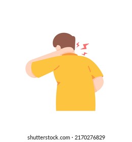 a man holds or massages the back of the neck due to pain and heat. symptoms of oblique neck disease, pinched nerves, spondylosis, meningitis, sprains. health problems. character illustration design