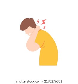 a man holds or massages the back of the neck due to pain and heat. symptoms of oblique neck disease, pinched nerves, spondylosis, meningitis, sprains. health problems. character illustration design