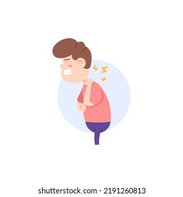 a man holds or massages the back of the neck due to pain and heat. symptoms of oblique neck disease, pinched nerves, spondylosis, meningitis, sprains. health problems. character illustration design