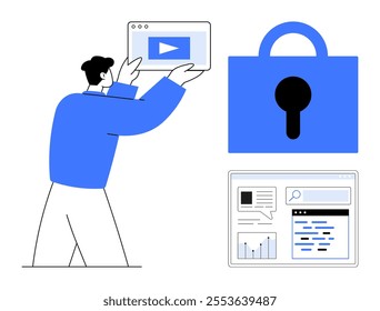 A man holds a media player window with a play button next to a large security lock symbol and a digital interface showing graphs and text. Ideal for online security, digital privacy, multimedia, data