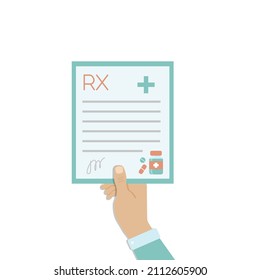 Man holds medical prescription in his hand. Vector illustration isolated on white background
