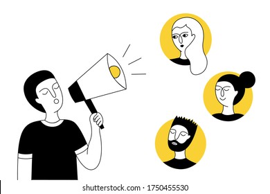 A man holds a megaphone in his hands and invites friends. Referral program. Can be used for a landing page, UI, web template, mobile app, poster flyer, banner