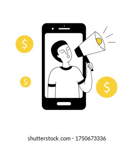 A man holds a megaphone in his hands and invites friends. Referral program. Can be used for a landing page, UI, web template, mobile app, poster flyer, banner
