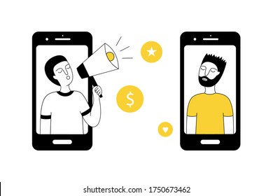 A man holds a megaphone in his hands and invites friends. Referral program. Can be used for a landing page, UI, web template, mobile app, poster flyer, banner