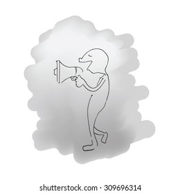 Man holds megaphone pen drawing line sketch scanned