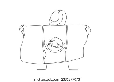 A man holds a Mexican flag on his back. Independencia de Mexico one-line drawing