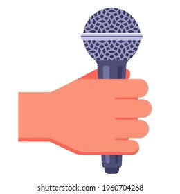 man holds a microphone in his hand to record sound. flat vector illustration.