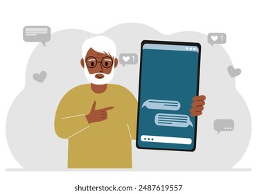 A man holds a mobile phone with correspondence and SMS messages in his hand. Vector flat illustration.