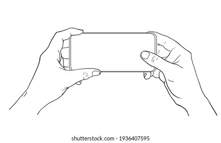 Man holds mobile phone in hands. Outline drawing illustration. Sketch.