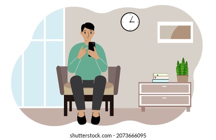 A man holds a mobile phone in his hand and sits in a chair at home. Using a mobile phone for conversation, video, correspondence. Vector flat illustration