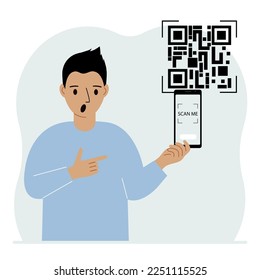 A man holds a mobile phone in his hand with the text scan me and scans the qr code, which is located nearby. Vector flat illustration