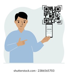 A man holds a mobile phone in his hand with the text scan me and scans the qr code, which is located nearby.