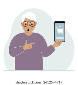 A man holds a mobile phone in his hand with an application for online shopping. The phone has a shopping cart.