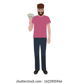 Man holds money in his hands and enjoys his salary. Cartoon vector illustration, flat design