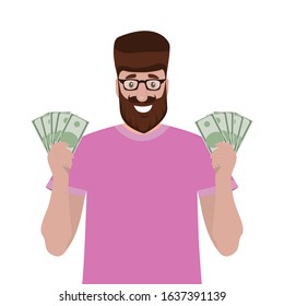 Man holds money in his hands and enjoys his salary. Cartoon vector illustration, flat design