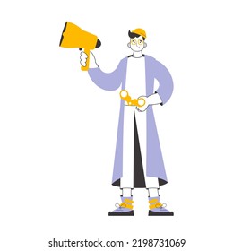 A man holds a mouthpiece and binoculars in his hands. Job Search Theme. H.R. Linear style. Isolated. Vector.