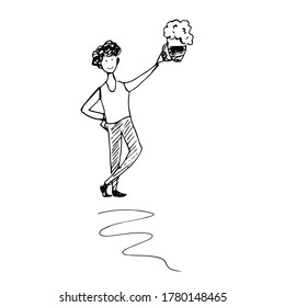 A man holds a mug of beer in his hand. Sketch. Vector illustration.