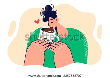 Man holds mug of tea and drinks hot refreshing drink to keep warm on cold winter evening. Guy enjoys taste of black tea or coffee, taking lunch break to restore strength and energy