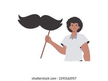 A man holds a mustache on a stick. Cartoon style. Isolated on white background. Vector illustration.