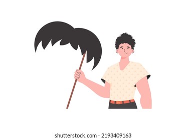 A man holds a mustache on a stick. trendy style. Isolated. Vector illustration.