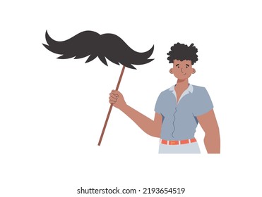 A man holds a mustache on a stick. trendy style. Isolated. Vector.