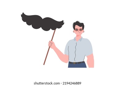 A man holds a mustache on a stick. trendy style. Isolated on white background. Vector illustration.