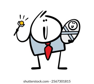 Man holds a newborn baby. Vector illustration of a young father shaking a rattle, entertaining and playing with his young son. Isolated cartoon character on white background.