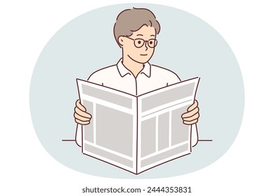 Man holds newspaper reading news about latest business events and political changes or financial articles. Businessman with newspaper studying economic news in fresh press during break