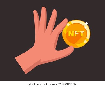 a man holds a NFT gold coin in his hand. flat vector illustration.