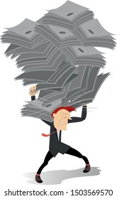 Man holds on the back big piles of papers illustration. Tired businessman carries big piles of papers on his back isolated on white
