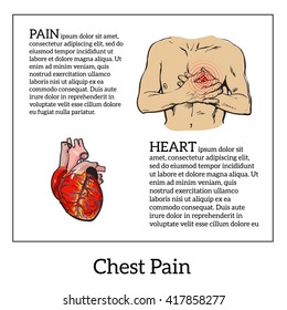 man holds on to his breast, concept of a sick heart. Hands on the heart, health and disease, realistic sketch, illustration, vector