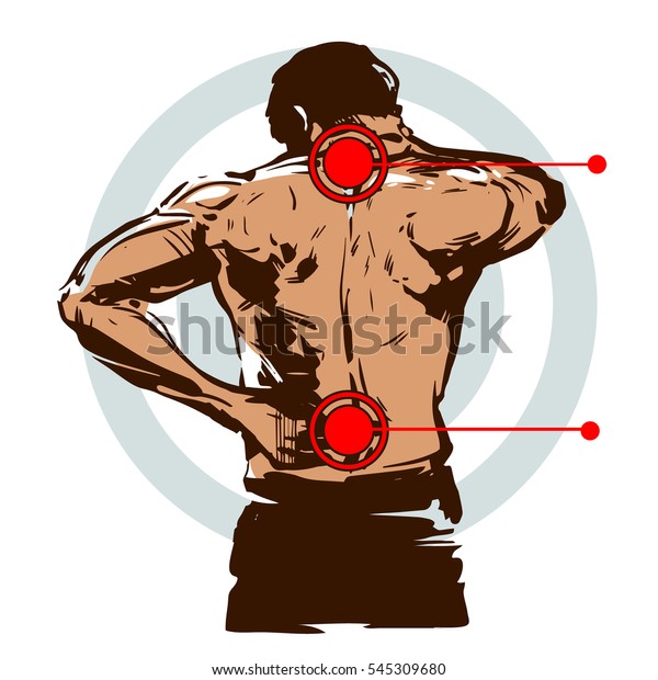 男性が腰につかむ 裸の胴体 背中の男性 痛み スケッチのリアルなイラスト 医療のコンセプト カイロプラクティック ベクター画像 のベクター画像素材 ロイヤリティフリー