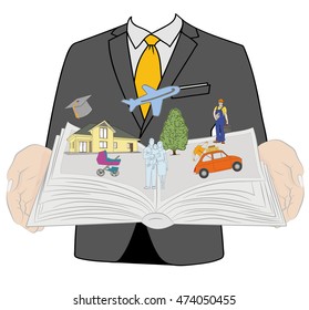 man holds open book happy family histories, vector illustration design template.