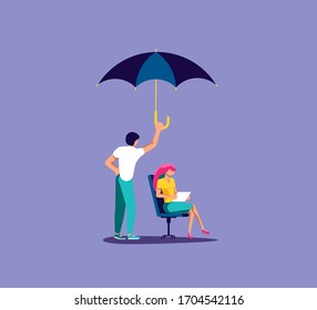 Un hombre sostiene un paraguas abierto sobre un trabajador sentado con una laptop. Metáfora de Protección a las pequeñas empresas. Aislado en morado. Ilustración de vectores de arte plano
