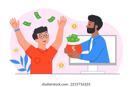 Man holds out bag of money. Young guy handed his lottery winnings. Gambling and games of chance. Advertising poster or banner. Special offer for customers, cashback. Cartoon flat vector illustration