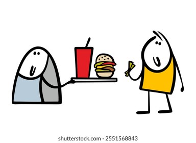 Man holds out money, buys fast food. Vector illustration of an order on a tray, the seller holds it out of the window. A burger and a carbonated drink in a paper cup. Isolated on white background.