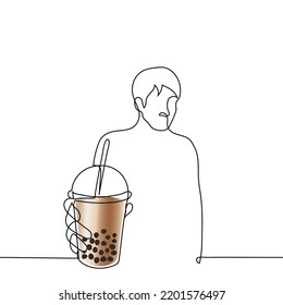 Man Holds Out A Plastic Glass With A Straw Inside Bubble Tea - One Line Drawing Vector