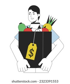 Man holds packet with goods flat line color vector character. Editable outline half body man with expensive purchases on white. Shopping simple cartoon spot illustration for web graphic design