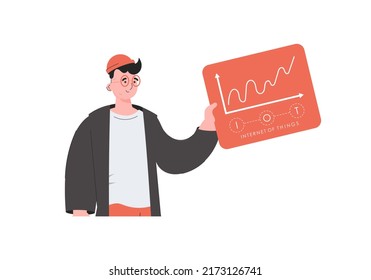 A man holds a panel with analyzers and indicators in his hands. IoT concept. Isolated. Vector illustration.