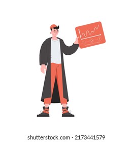 A man holds a panel with analyzers and indicators in his hands. IoT concept. Isolated. Vector illustration in flat style.