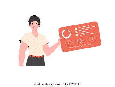 A man holds a panel with analyzers and indicators in his hands. Internet of things and automation concept. Isolated. Vector illustration.